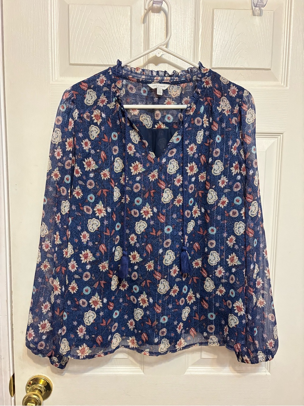 Lucky Brand Sheer Floral Peasant Blouse Metallic Stripe Tassel Boho